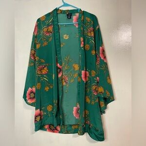 Wet seal open kimono satin size Xs/S y2k mob wife artsy floral cardigan boho